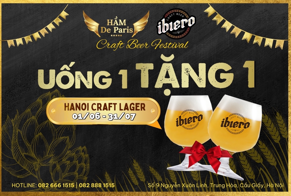 UỐNG 1 TẶNG 1 BIA THỦ CÔNG IBIERO “HÀ NỘI CRAFT LAGER” | HẦM DE PARIS
